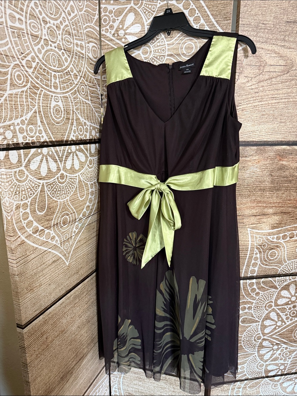 Jessica Howard Black Midi Dress with Lime Green Satin Accents